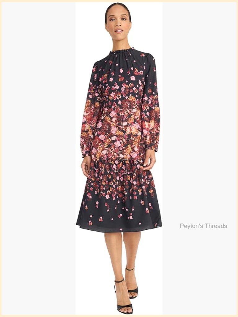 Long Sleeve Mock Neck Midi Dress With Ruffle Details